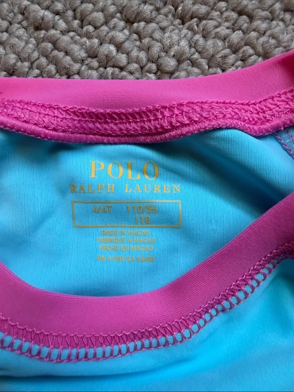 Ralph Lauren Aqua & Pink Long Sleeve Kids Rashguard with Yellow Polo Logo